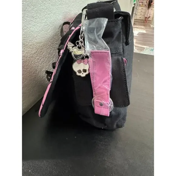 Monster High Draculaura Charm Lace Up Messenger Bag NWT Black Pink - Picture 5 of 9